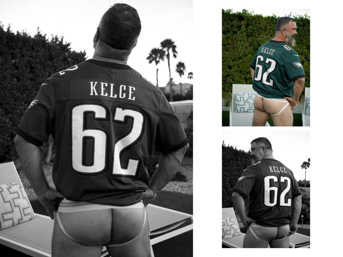 Spread 7 of 10: three photographs of a bearded man in a sports jersey and jockstrap, seen from behind outdoors; black and white.