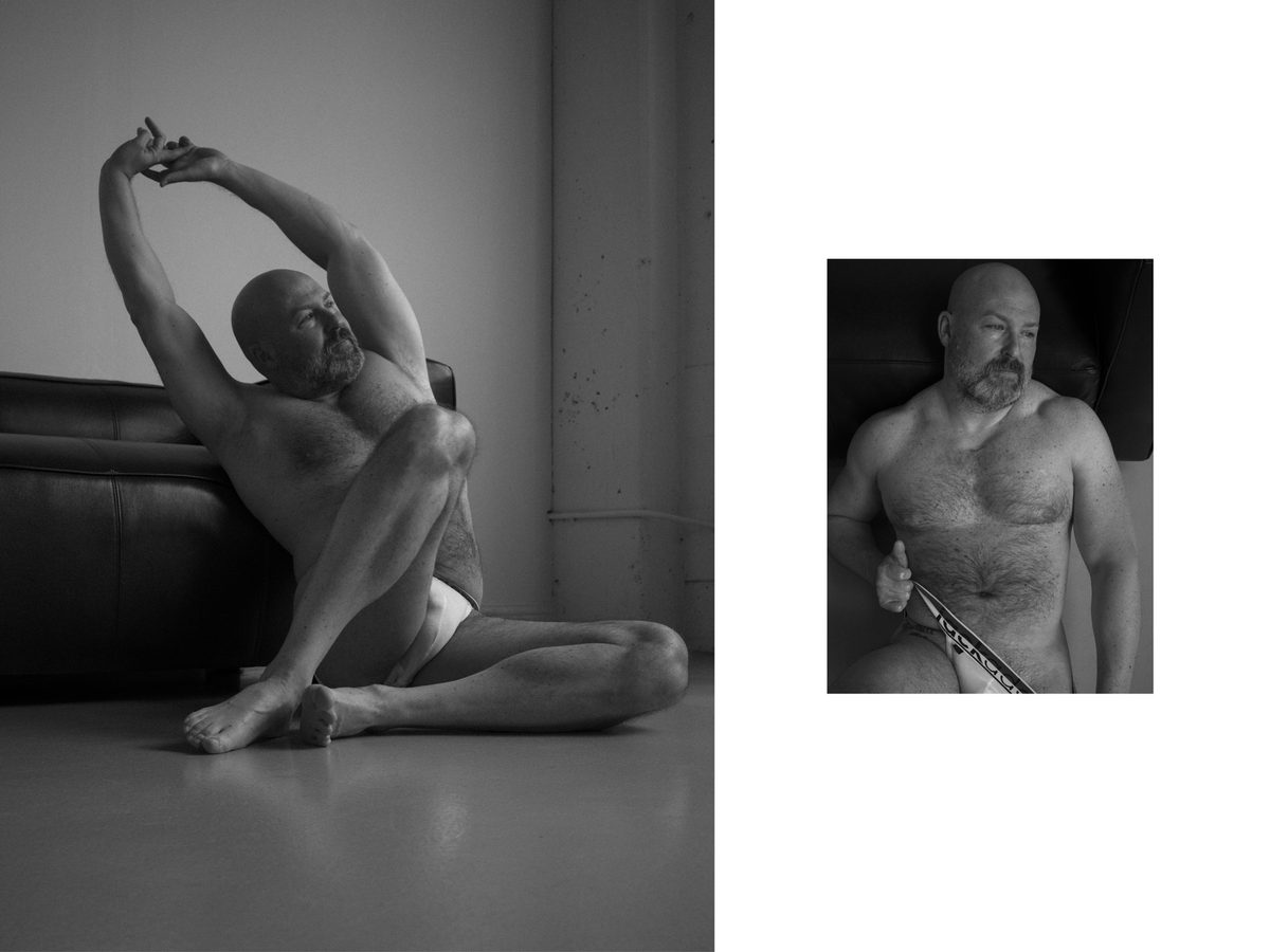 Spread 2 of 11 from Quiet Control: two photographs of a bald man in briefs, stretching on the floor and a close portrait holding a belt; black and white.