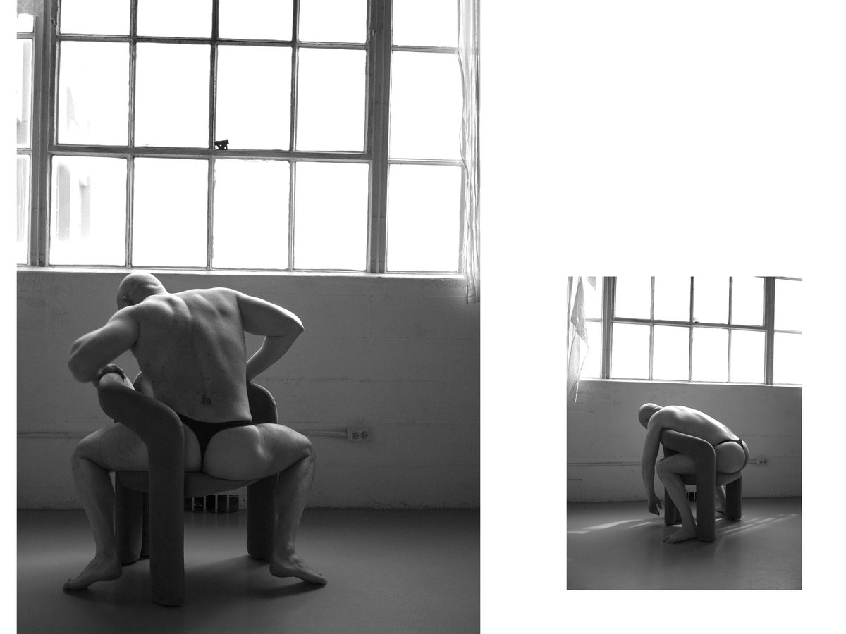Spread 5 of 11 from Quiet Control: two photographs of a bald, heavyset man in a thong, seated on a stool and crouching; black and white.