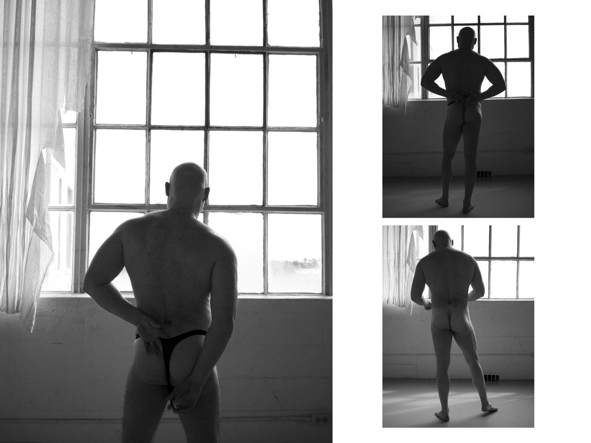 Spread 6 of 11 from Quiet Control: three photographs of a bald man in a thong, standing at a window, front and back views; black and white.