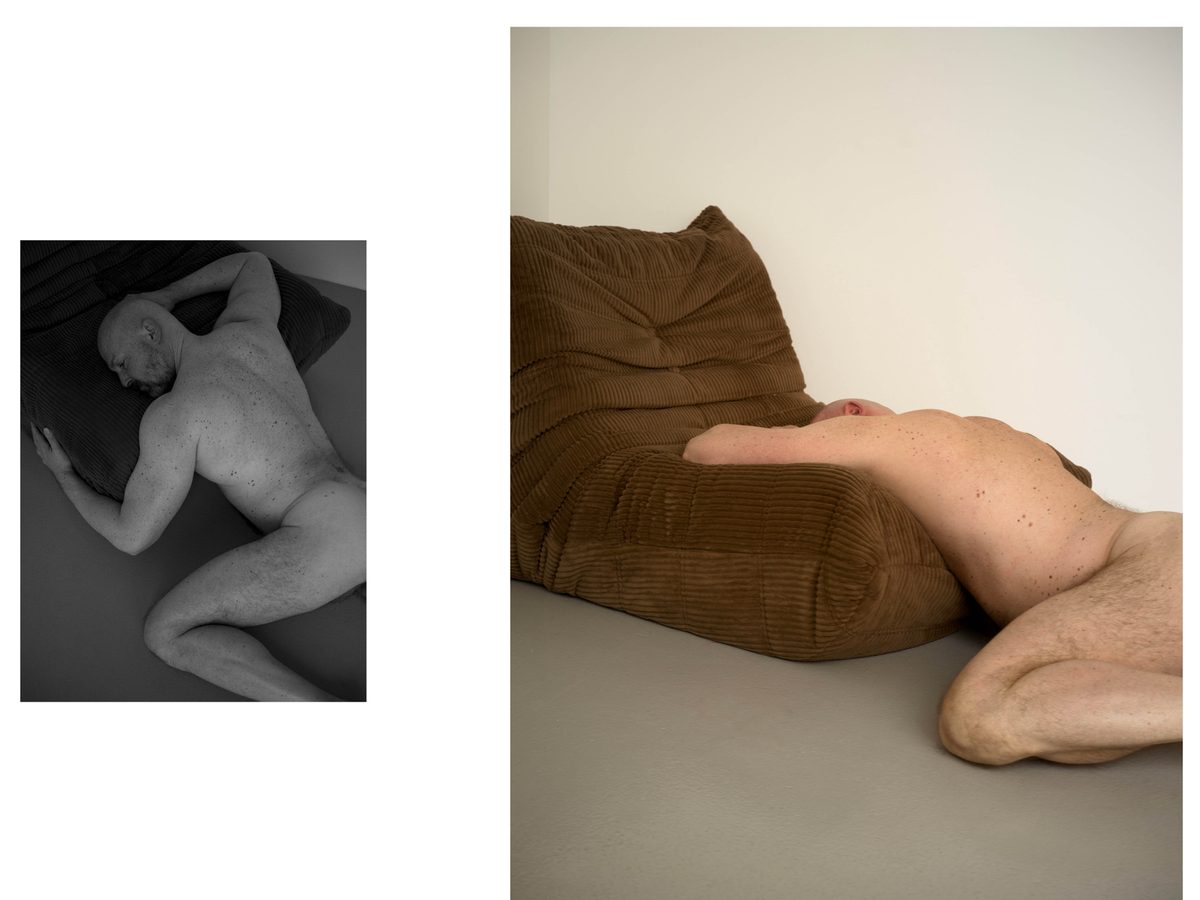 Spread 8 of 11 from Quiet Control: two photographs of a bald man, lying on the floor and curled on a brown sofa; black and white and colour.