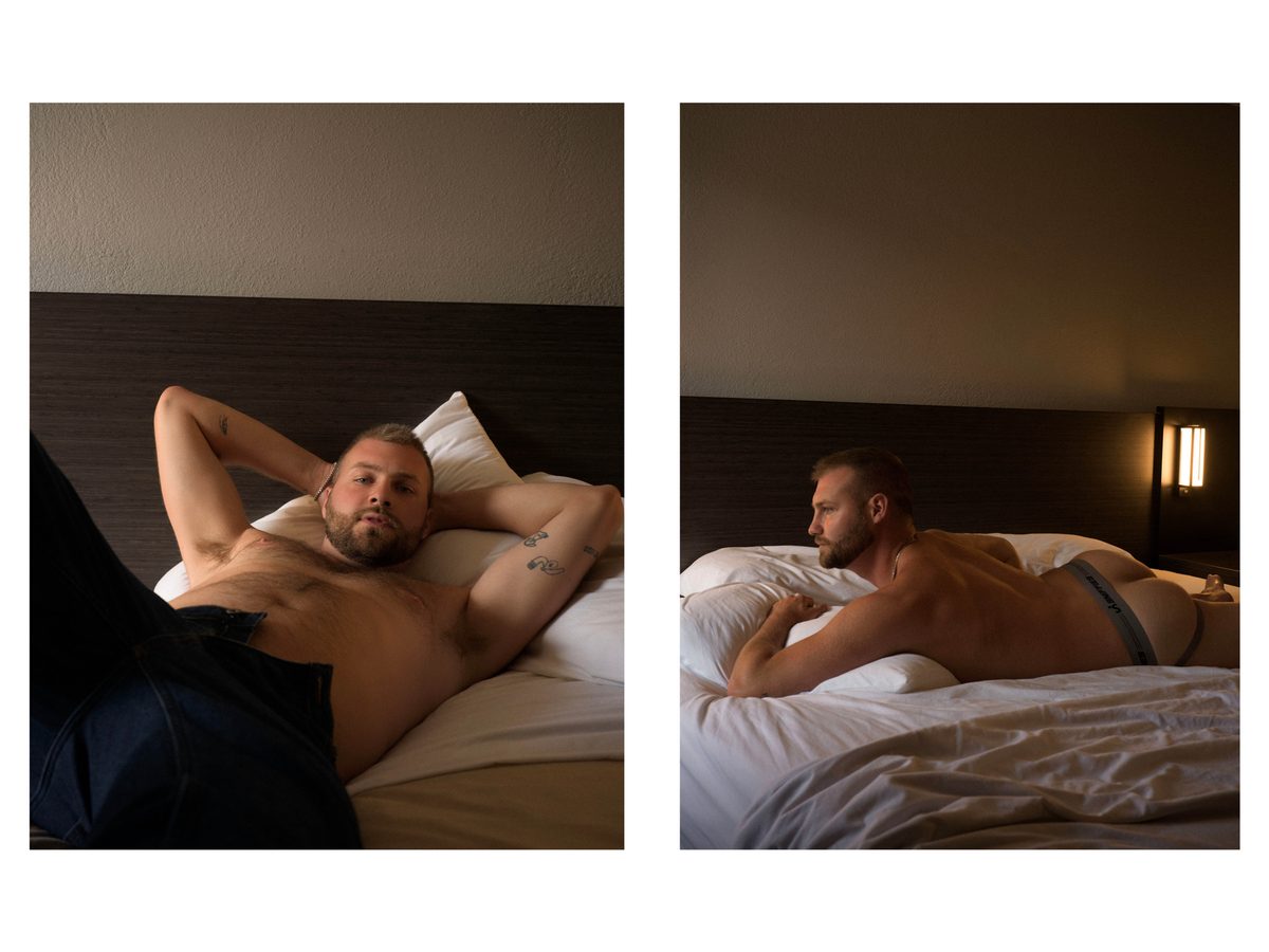 Spread 3 of 11 from Motel 6: two photographs of a bearded man on a motel bed, reclining with arms behind his head and lying in a jockstrap; colour.
