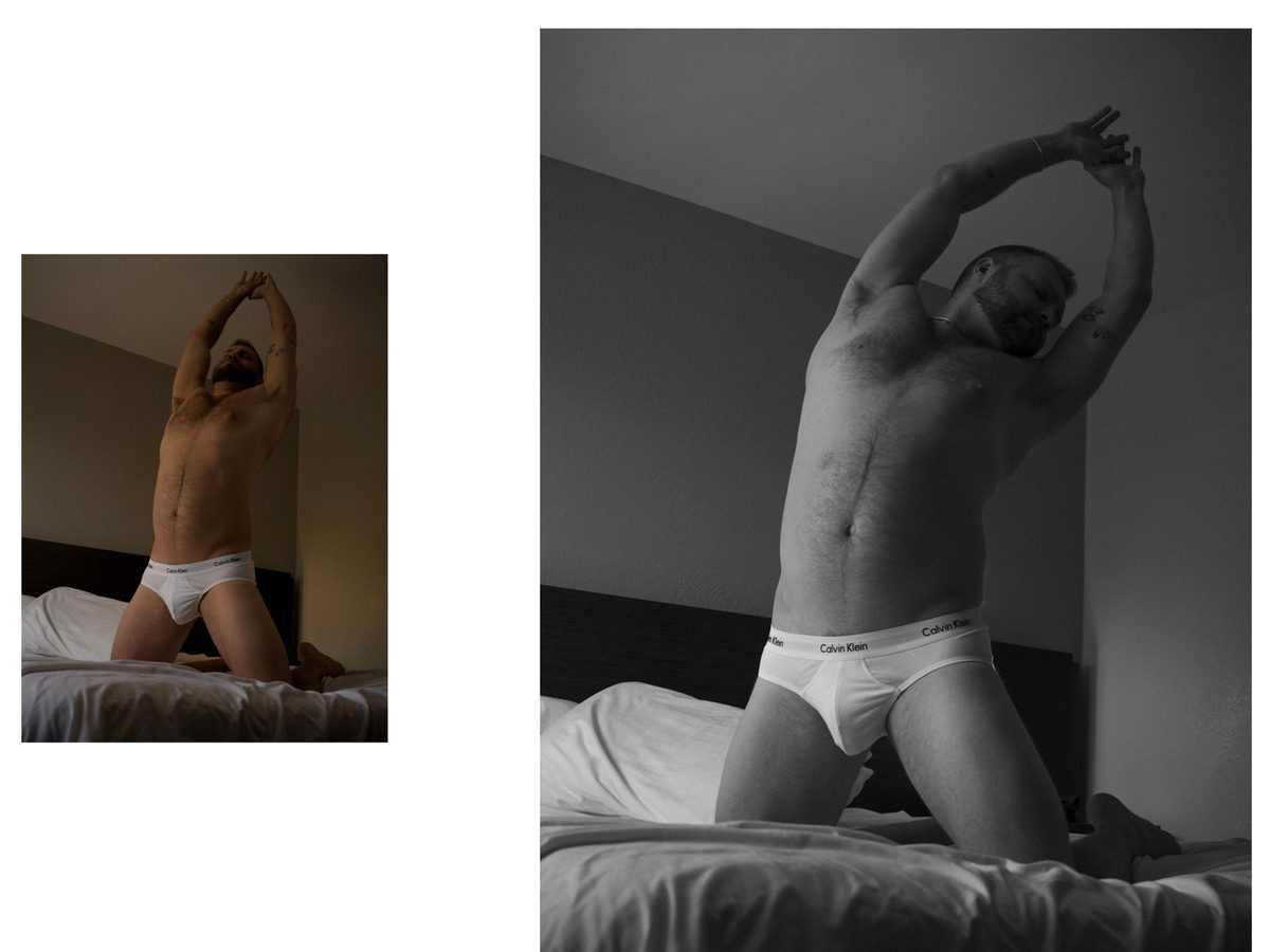 Spread 8 of 11 from Motel 6: two photographs of a bearded man in briefs, kneeling on a motel bed with arms raised; colour and black and white.
