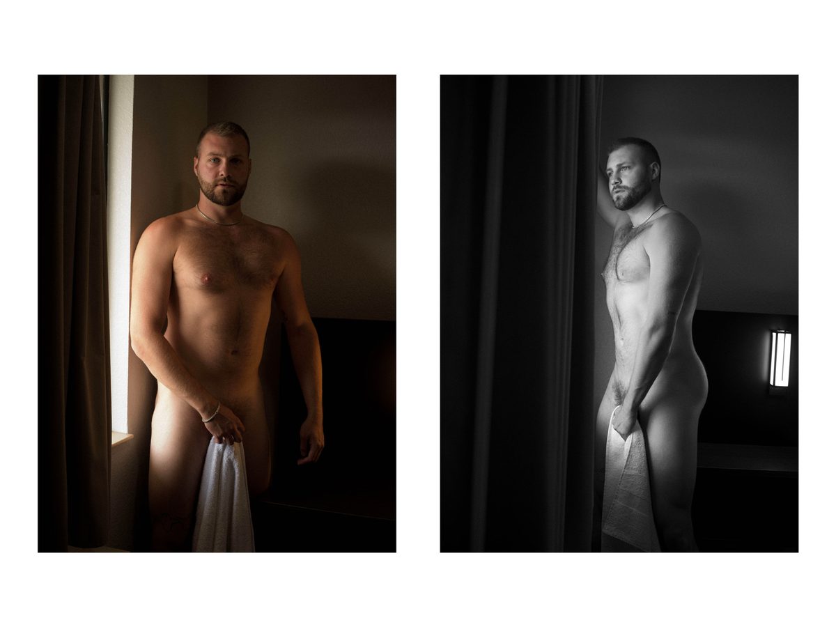 Spread 10 of 11 from Motel 6: two photographs of a nude man standing at a motel window, a towel and a shirt held in front of him; colour and black and white.
