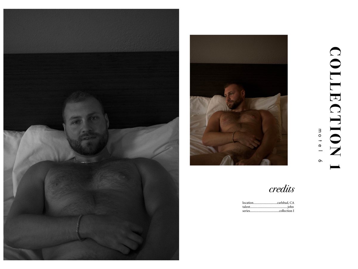 Spread 11 of 11 from Motel 6: two photographs of a bearded man propped up in a motel bed, beside the collection's title and credits; black and white and colour.