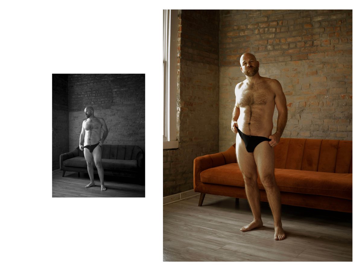 Spread 6 of 11 from DJ Easy: two photographs of a bald, bearded man in briefs, standing against a brick wall; black and white and colour.