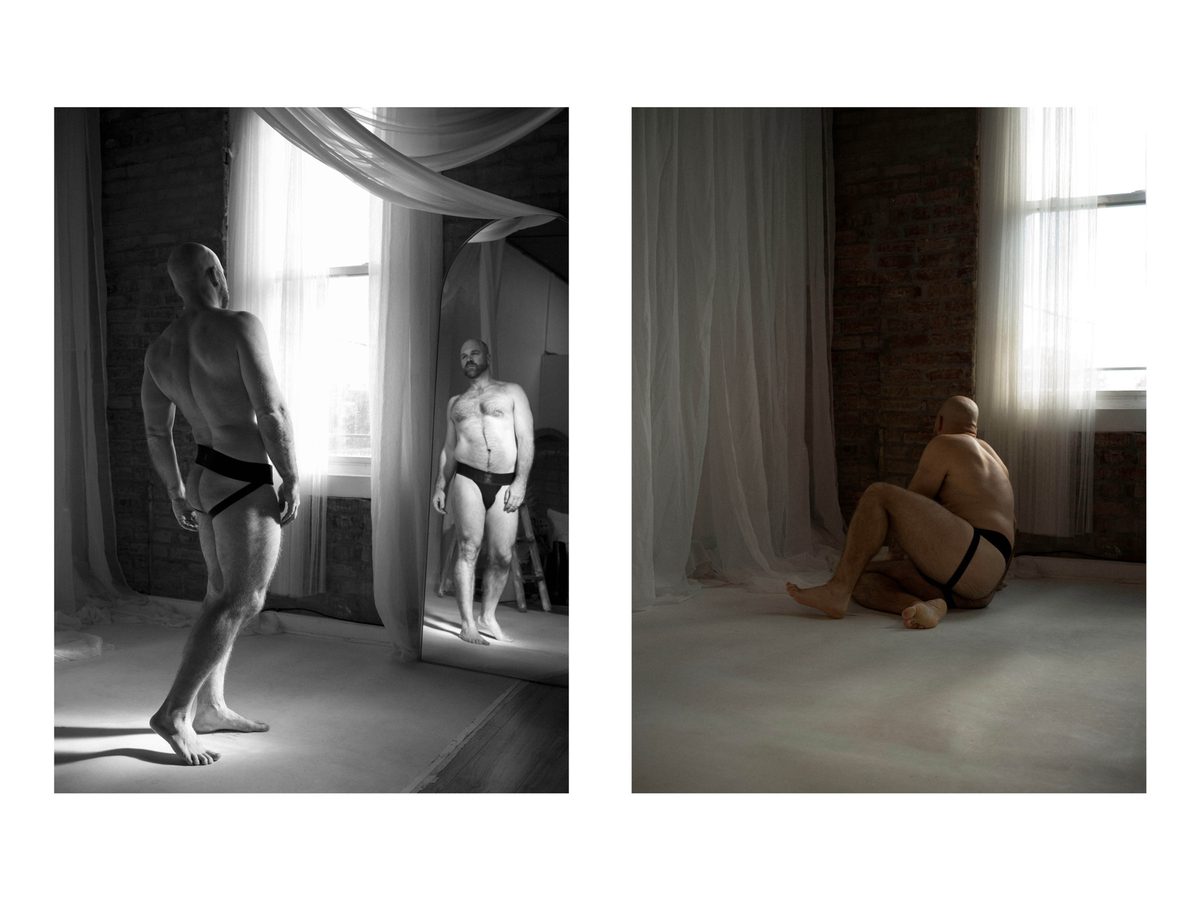 Spread 10 of 11 from DJ Easy: two photographs of a nude man, standing by a mirror and seated on the floor in a harness; black and white and colour.