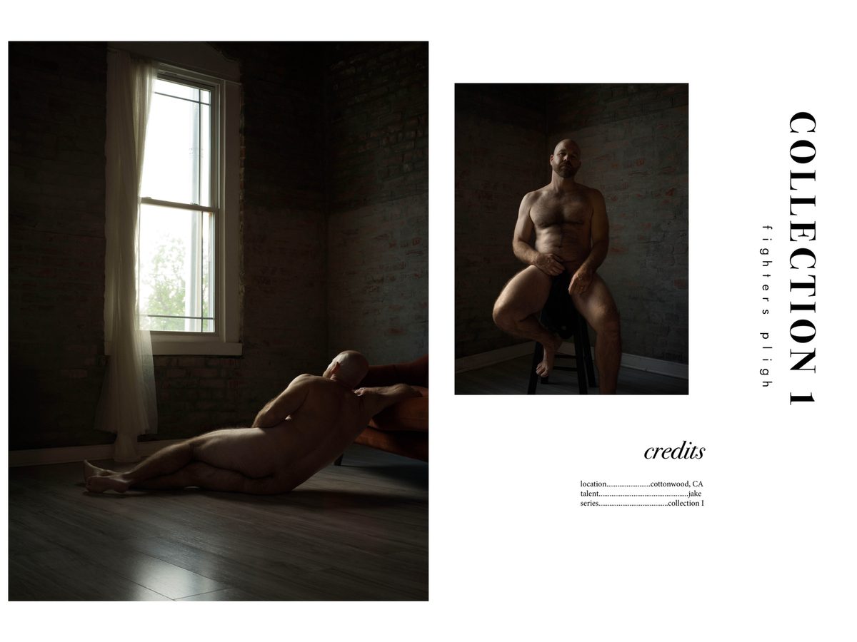 Spread 11 of 11 from DJ Easy: two photographs of a nude man, reclining on the floor and seated on a stool, beside the collection's title and credits; black and white and colour.