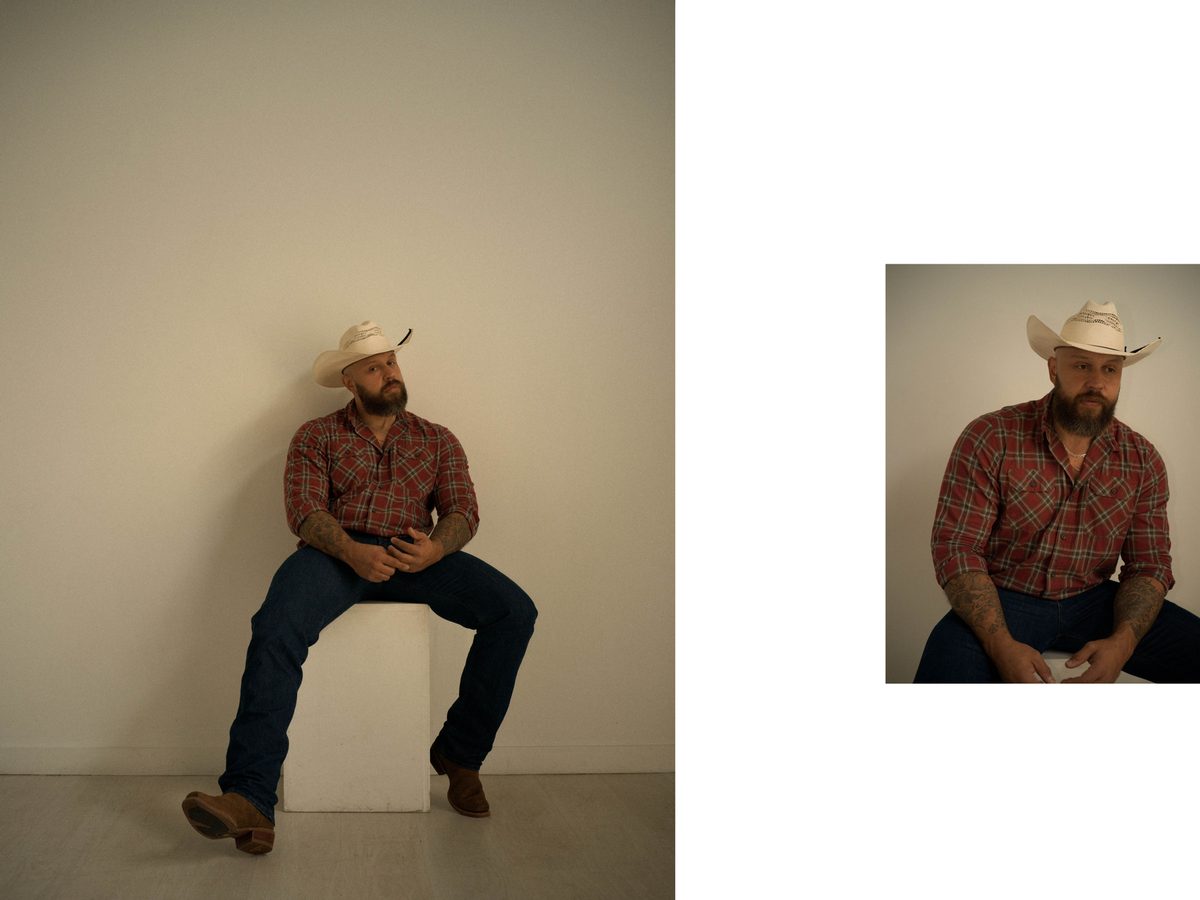 Spread 2 of 2 from Content That Speaks: two photographs of a bearded man in a cowboy hat and plaid shirt, seated on a white block; colour.