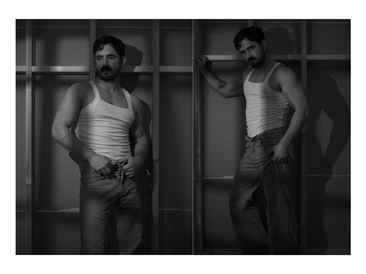 Spread 4 of 11 from Good Boy Supply: two photographs of a moustached man in a tank top, leaning in a mirrored doorway and against a frame; black and white.