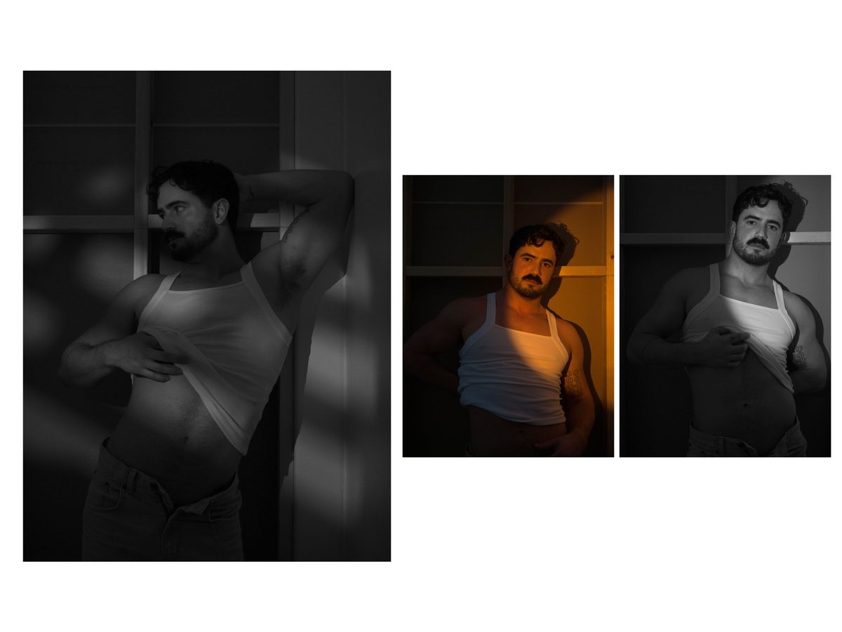 Spread 6 of 11 from Good Boy Supply: three photographs of a moustached man in a tank top, pulling it up in dramatic light; black and white and colour.