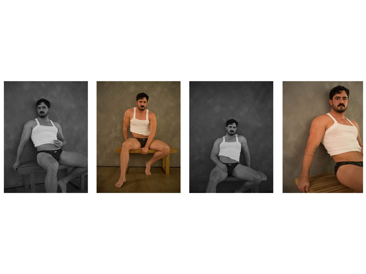 Spread 7 of 11 from Good Boy Supply: four photographs of a moustached man in a tank top and briefs, seated on a wooden bench; black and white and colour.