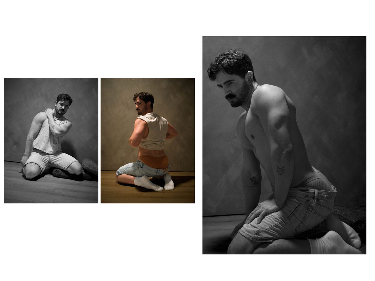 Spread 10 of 11 from Good Boy Supply: three photographs of a moustached man kneeling in a towel, a hoodie, and shirtless with shorts lowered; black and white and colour.