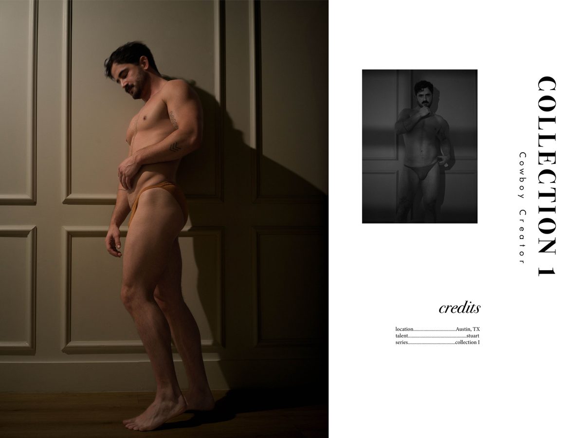Spread 11 of 11 from Good Boy Supply: a nude man leans against a panelled wall, beside the collection's title and credits; colour.