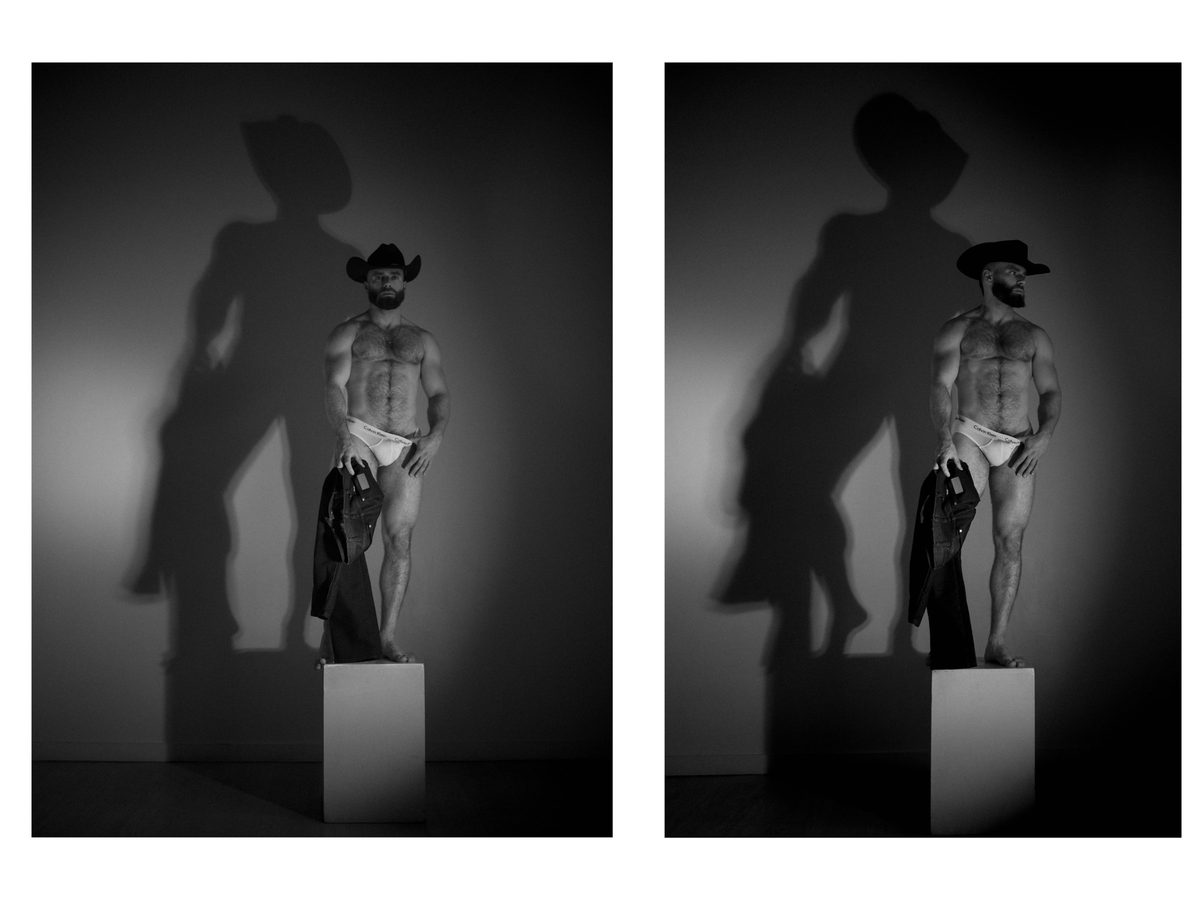 Spread 5 of 15 from Tension: two photographs of a bearded man in a cowboy hat and briefs, standing on a pedestal with dramatic shadow; black and white.