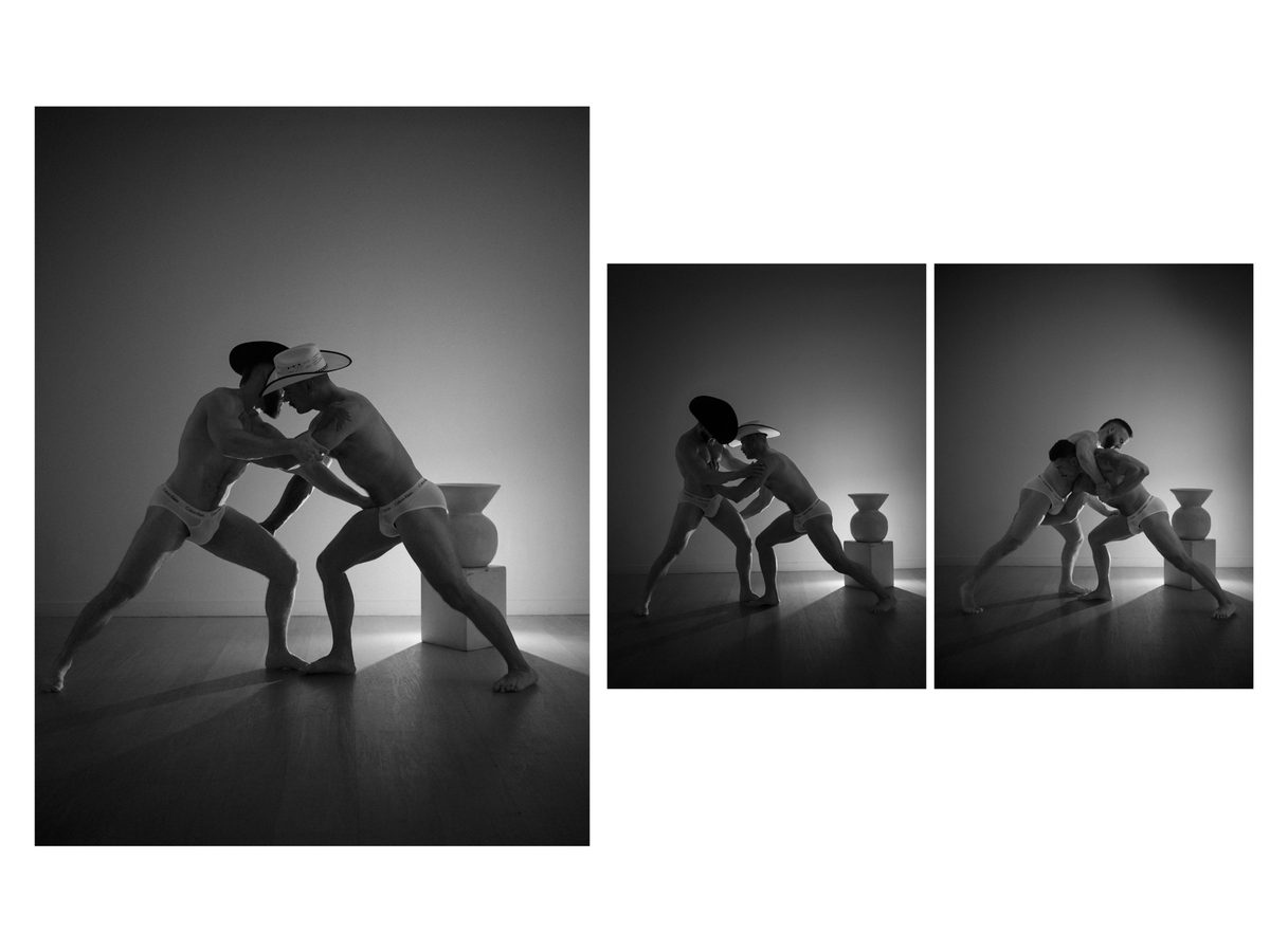 Spread 6 of 15 from Tension: three photographs of two men in briefs grappling together beside a sculptural vase; black and white.