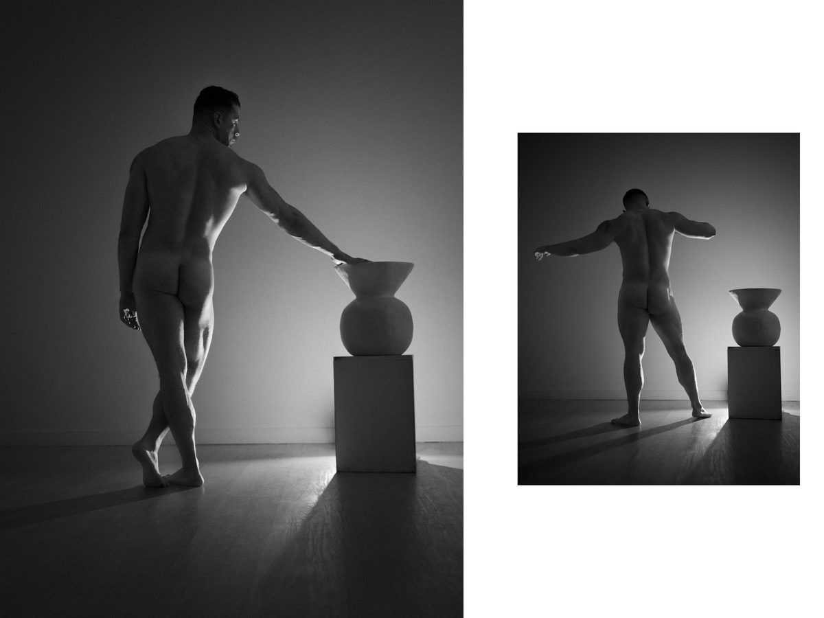 Spread 8 of 15 from Tension: two photographs of a nude man reaching toward a sculptural vase, seen from behind; black and white.