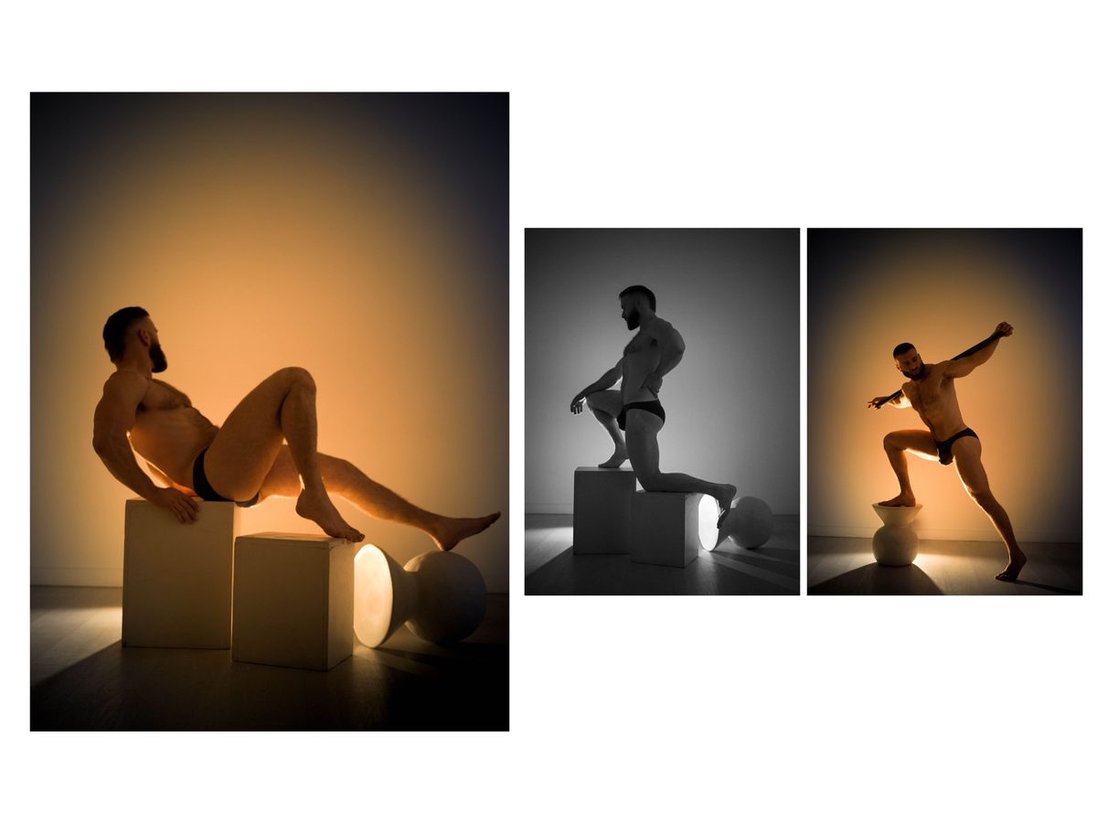 Spread 11 of 15 from Tension: three photographs of a man in briefs posed among geometric pedestals and a glowing sphere; black and white and colour.