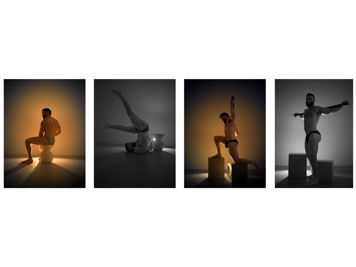 Spread 12 of 15 from Tension: four photographs of a bearded man in a jockstrap posed on cube pedestals, arms outstretched; black and white and colour.