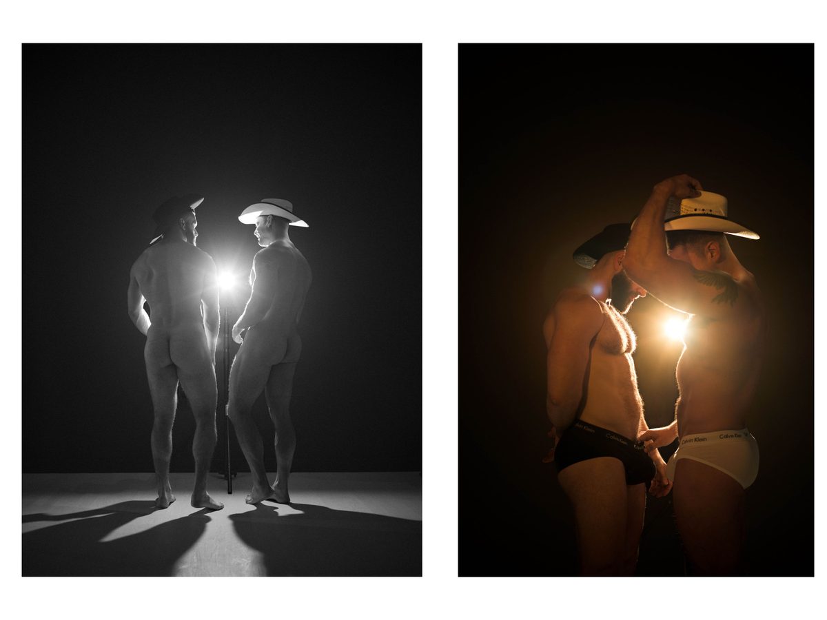 Spread 13 of 15 from Tension: two photographs of two men in cowboy hats and briefs standing close together, backlit; black and white and colour.