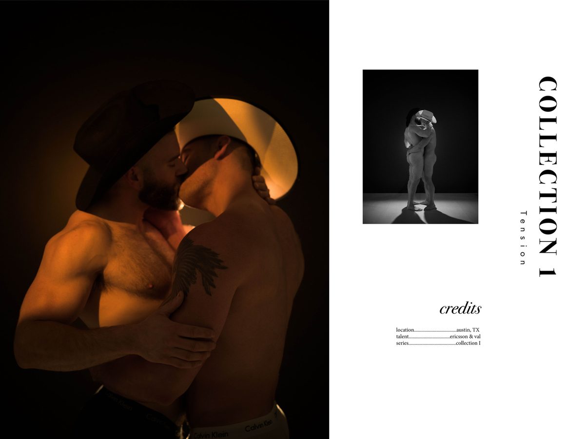 Spread 15 of 15 from Tension: two men in cowboy hats embrace closely, beside the collection's title and credits; colour.